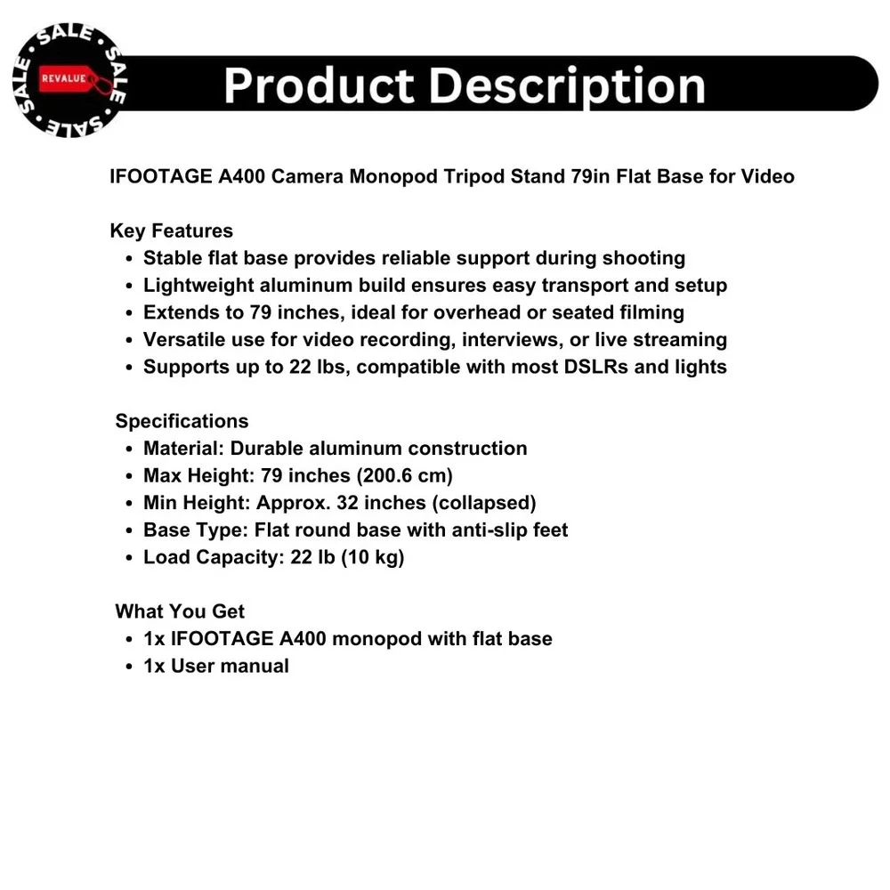 IFOOTAGE A400 Camera Monopod Tripod Stand 79in Flat Base for‎ Video